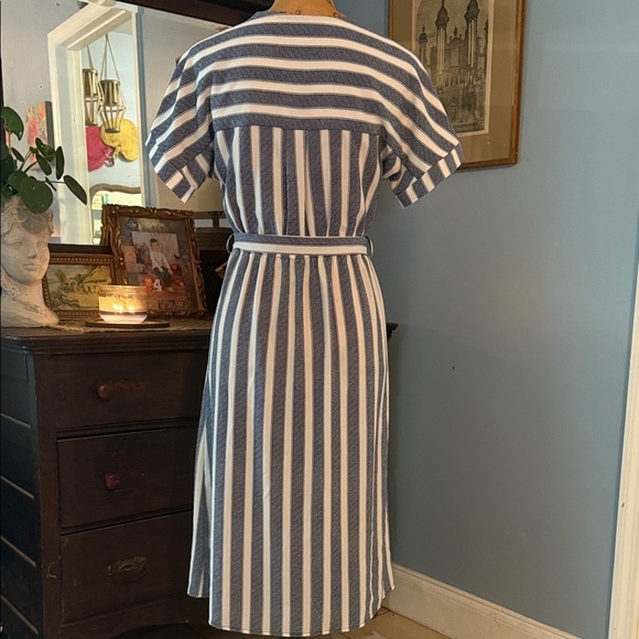 Monteau Navy Blue and White Striped Belted Button Up Dress - Picture 6 of 9